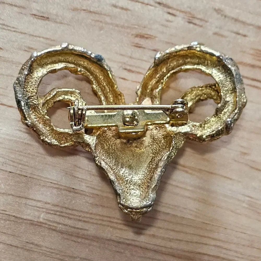 Vintage Gold Ram's Head Brooch with Ornate Twisted Horns